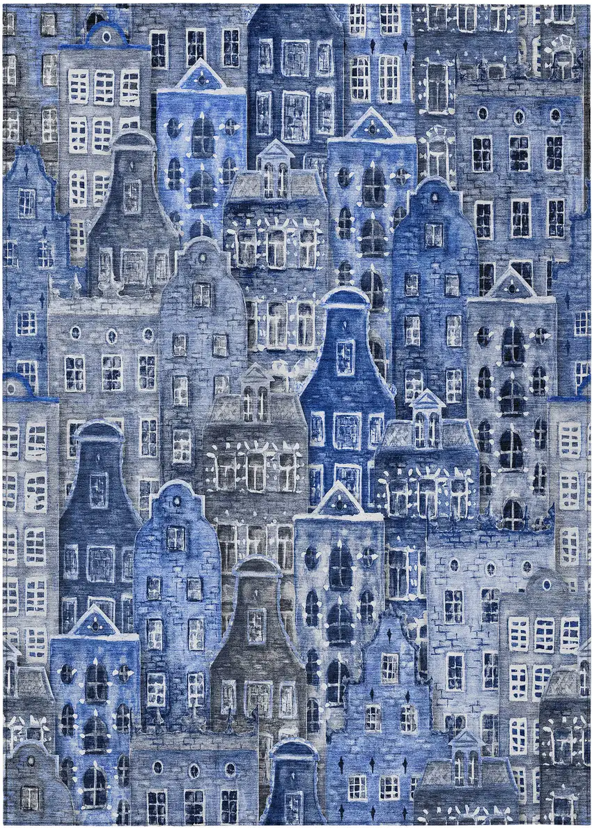 Navy Blue And Sky Blue Village Houses Washable Indoor Outdoor Area Rug Photo 2