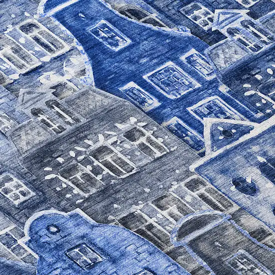Navy Blue And Sky Blue Village Houses Washable Indoor Outdoor Area Rug Photo 6