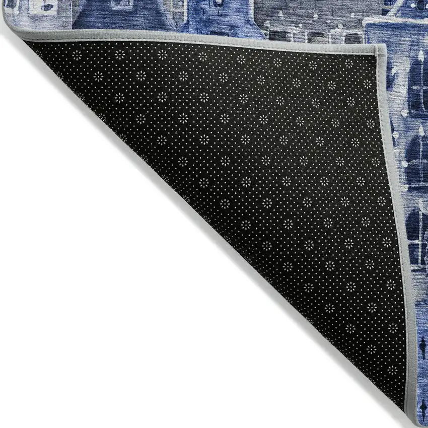 Navy Blue And Sky Blue Village Houses Washable Indoor Outdoor Area Rug Photo 4