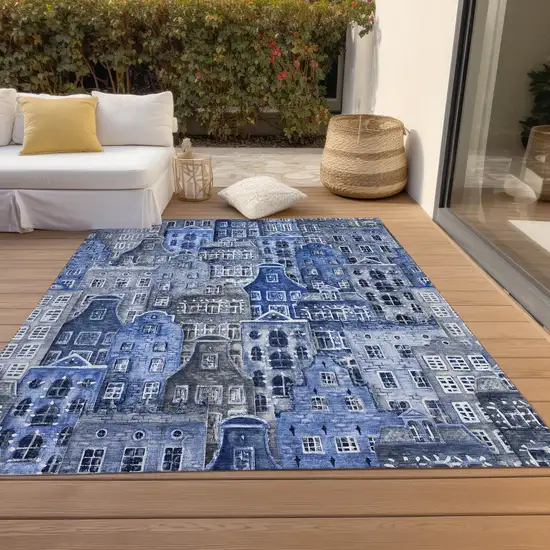 Navy Blue And Sky Blue Village Houses Washable Indoor Outdoor Area Rug Photo 9