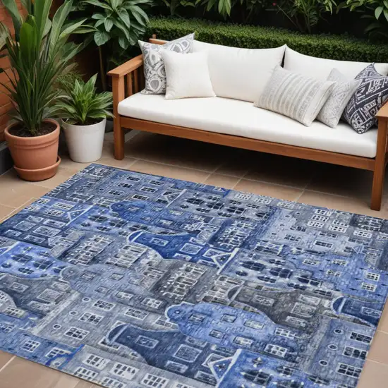 Navy Blue And Sky Blue Village Houses Washable Indoor Outdoor Area Rug Photo 1
