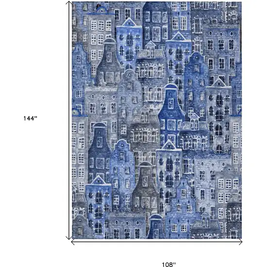 Navy Blue And Sky Blue Village Houses Washable Indoor Outdoor Area Rug Photo 3