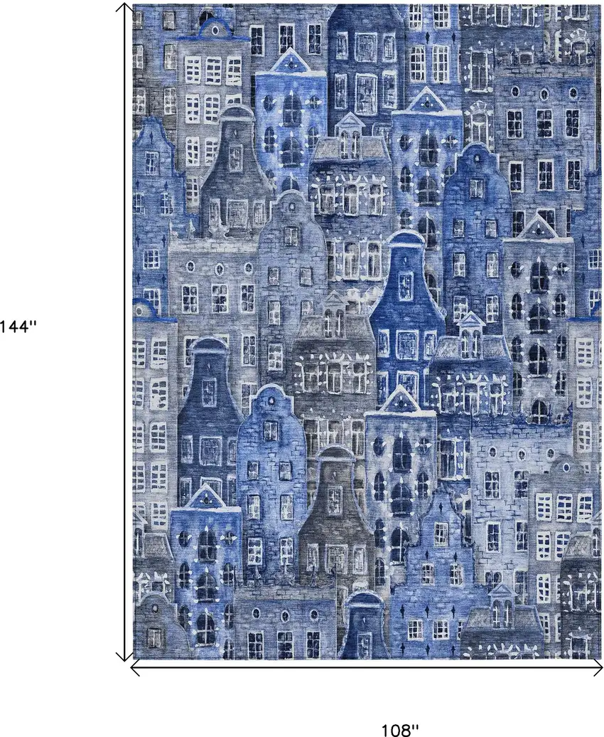 Navy Blue And Sky Blue Village Houses Washable Indoor Outdoor Area Rug Photo 3