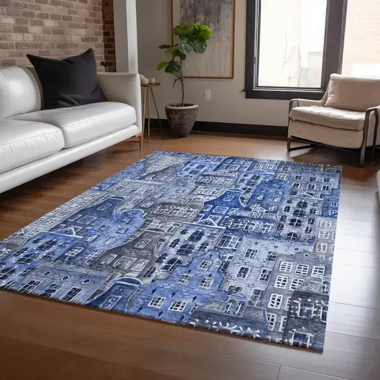 Navy Blue And Sky Blue Village Houses Washable Indoor Outdoor Area Rug Photo 9