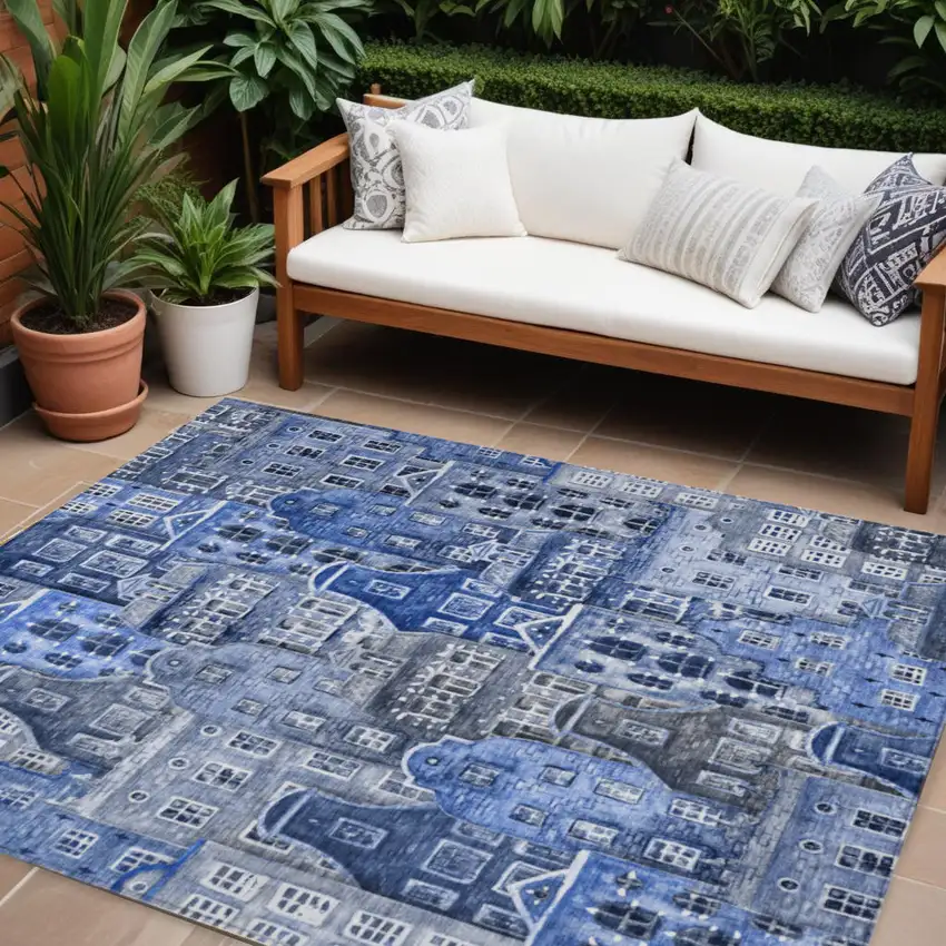 Navy Blue And Sky Blue Village Houses Washable Indoor Outdoor Area Rug Photo 1