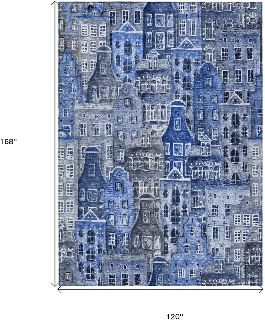 Navy Blue And Sky Blue Village Houses Washable Indoor Outdoor Area Rug Photo 3