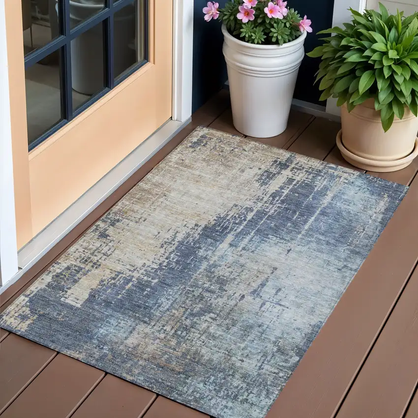 Navy Blue And Taupe Abstract Washable Indoor Outdoor Area Rug Photo 1
