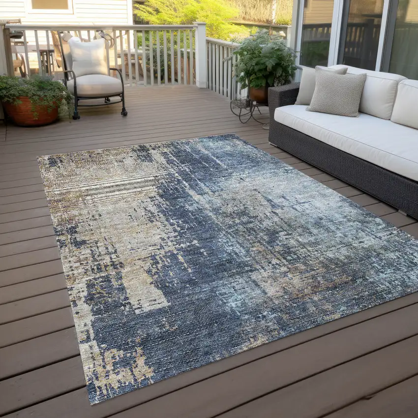 Navy Blue And Taupe Abstract Washable Indoor Outdoor Area Rug Photo 9