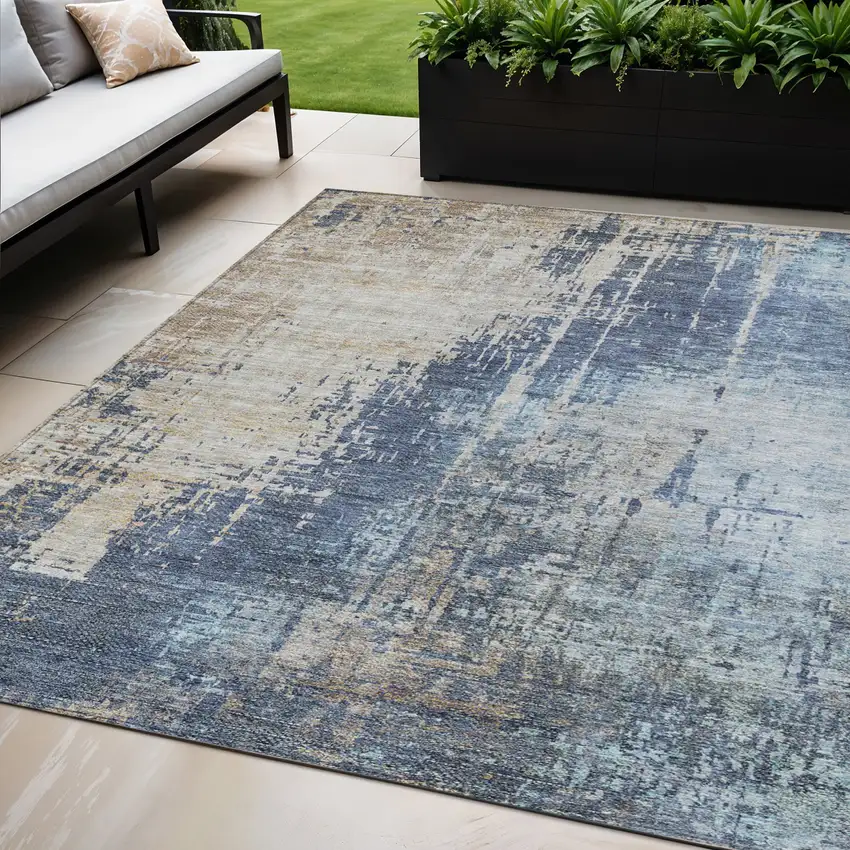 Navy Blue And Taupe Abstract Washable Indoor Outdoor Area Rug Photo 1