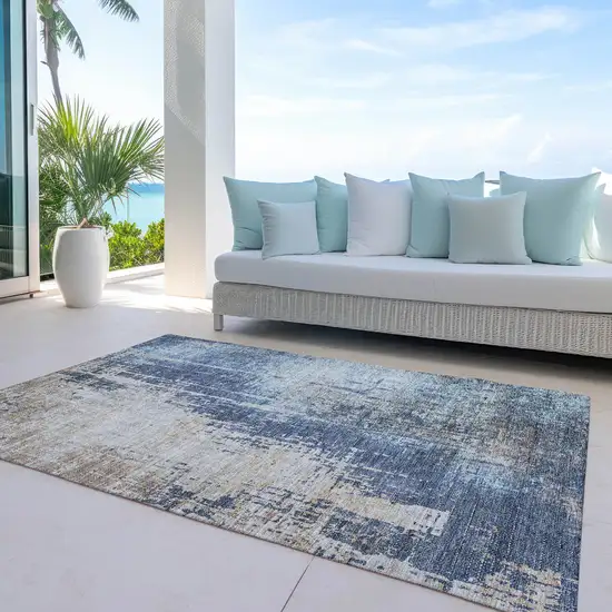 Navy Blue And Taupe Abstract Washable Indoor Outdoor Area Rug Photo 7