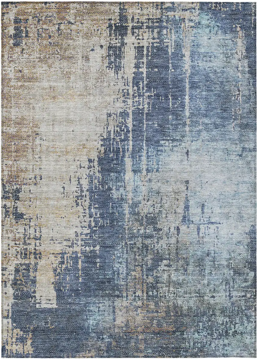 Navy Blue And Taupe Abstract Washable Indoor Outdoor Area Rug Photo 2