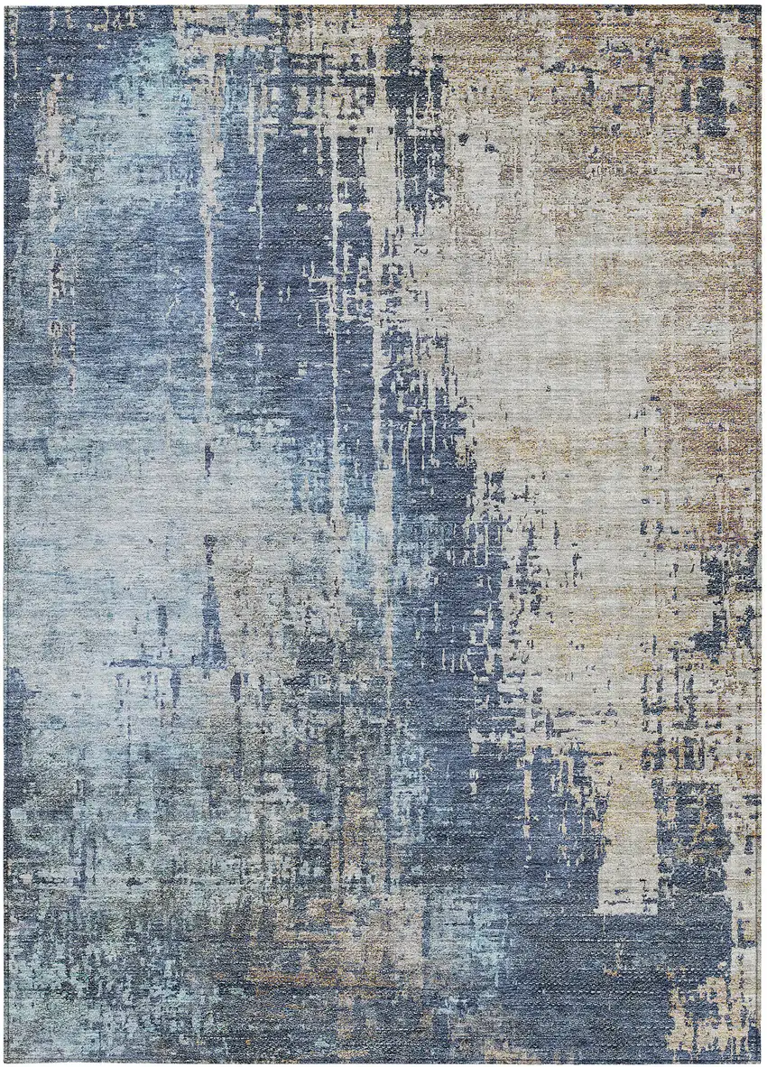 Navy Blue And Taupe Abstract Washable Indoor Outdoor Area Rug Photo 6