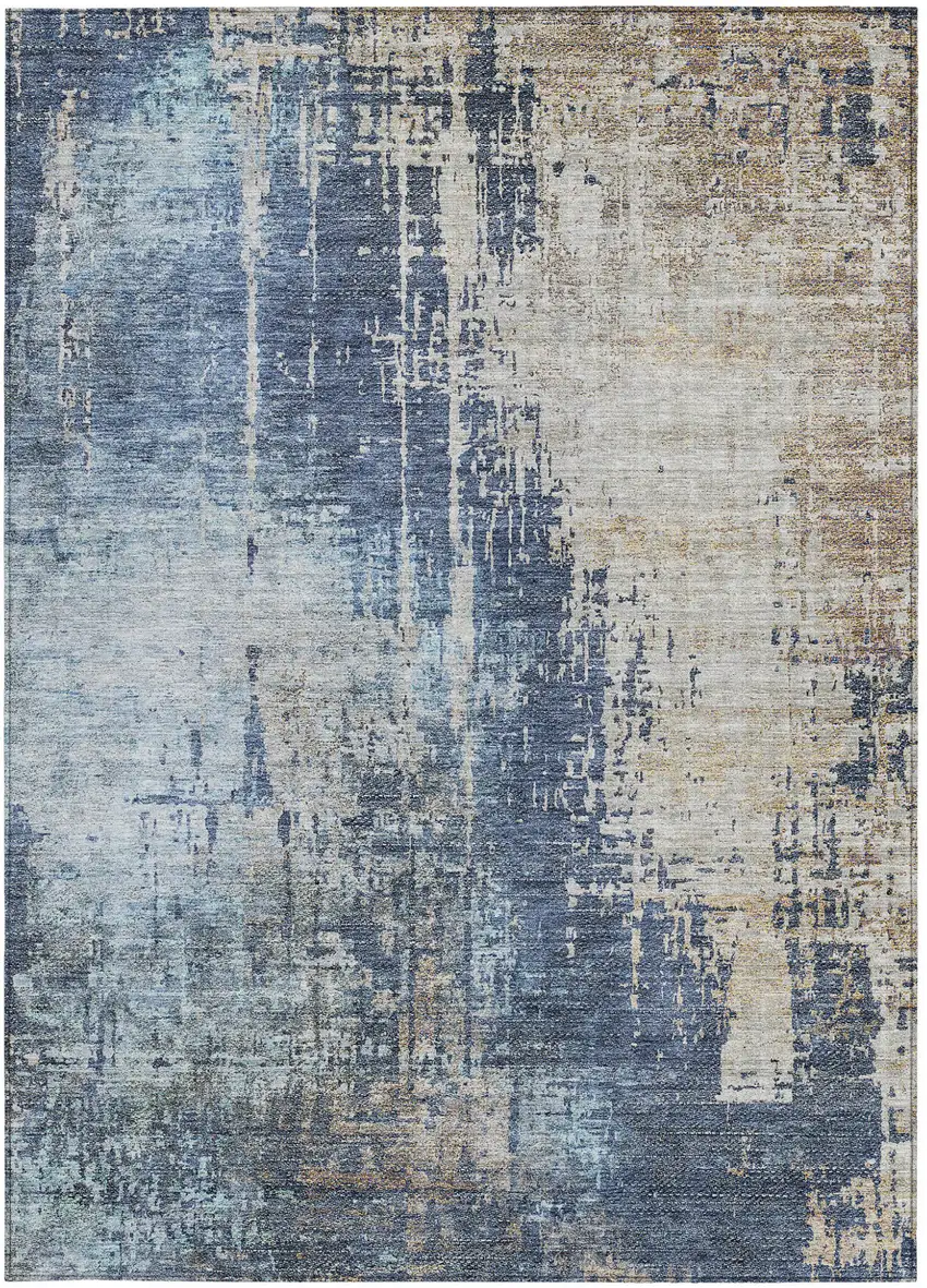 Navy Blue And Taupe Abstract Washable Indoor Outdoor Area Rug Photo 6
