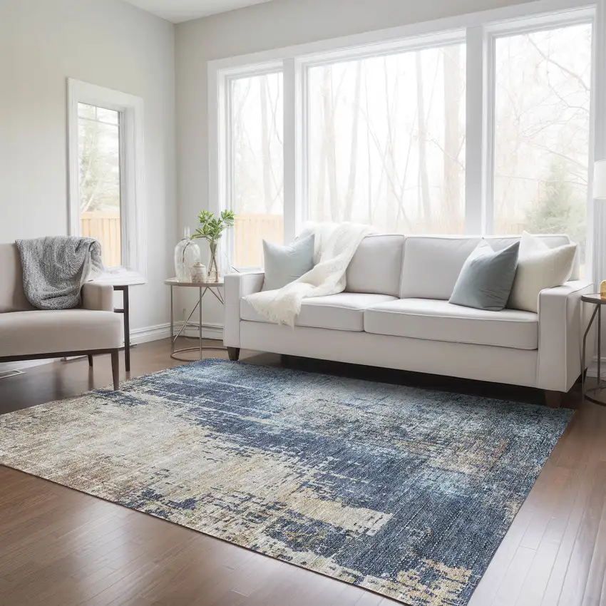 Navy Blue And Taupe Abstract Washable Indoor Outdoor Area Rug Photo 9