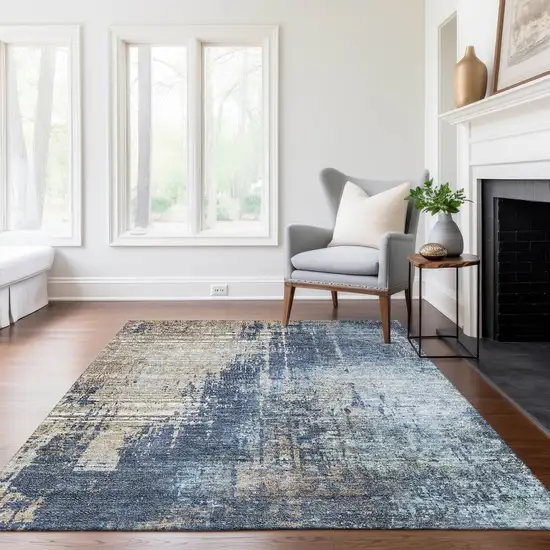 Navy Blue And Taupe Abstract Washable Indoor Outdoor Area Rug Photo 8