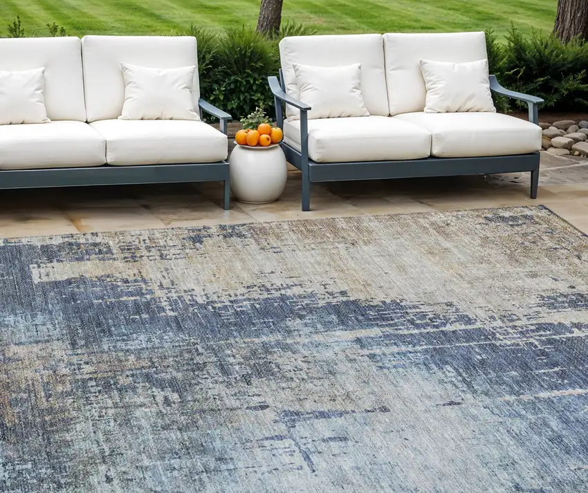 Navy Blue And Taupe Abstract Washable Indoor Outdoor Area Rug Photo 1