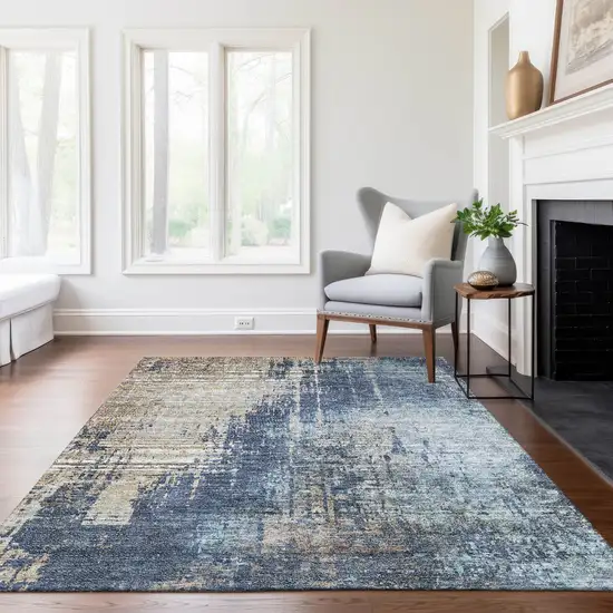 Navy Blue And Taupe Abstract Washable Indoor Outdoor Area Rug Photo 8