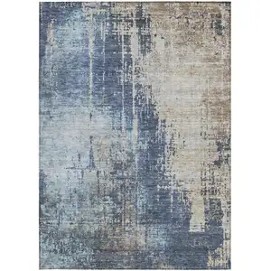 Photo of Navy Blue And Taupe Abstract Washable Indoor Outdoor Area Rug