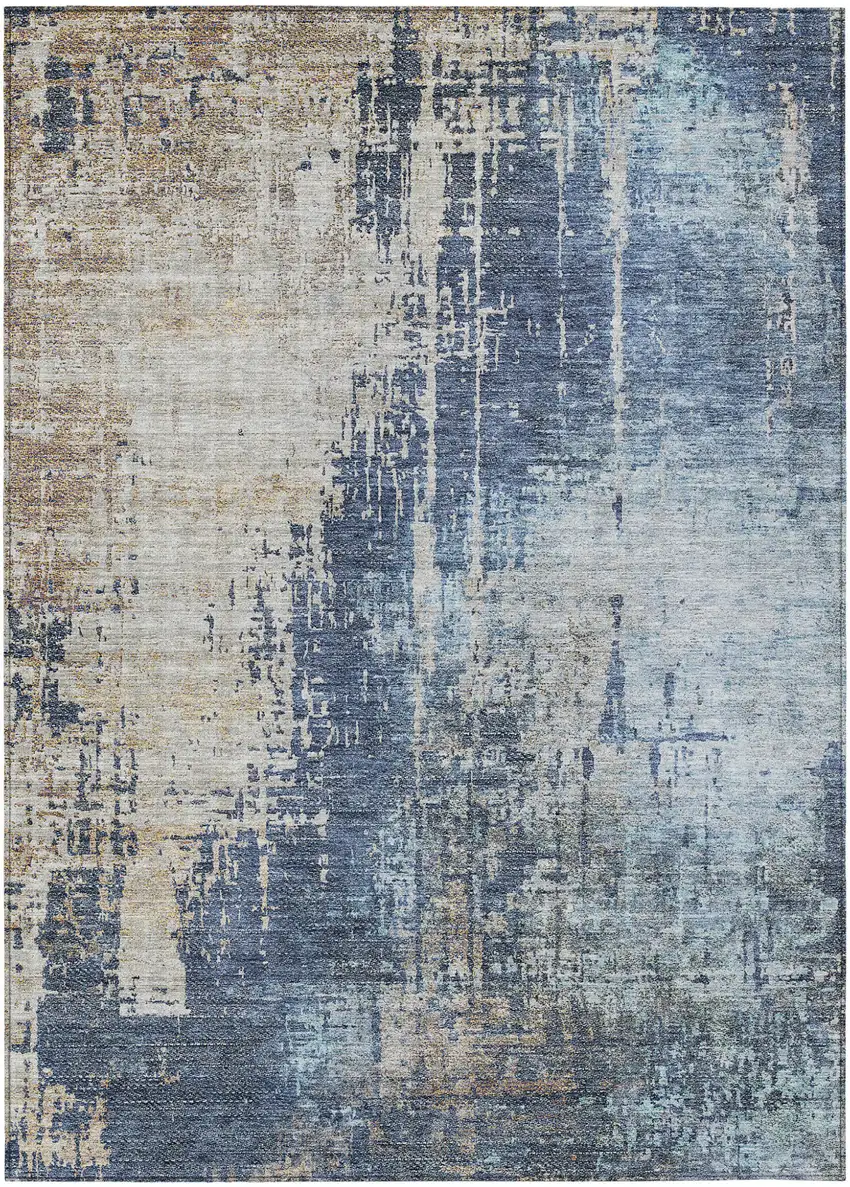 Navy Blue And Taupe Abstract Washable Indoor Outdoor Area Rug Photo 2