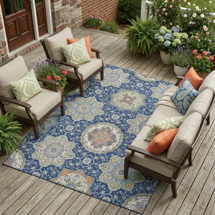 Navy Blue And Taupe Floral Medallion Washable Indoor Outdoor Area Rug Photo 1