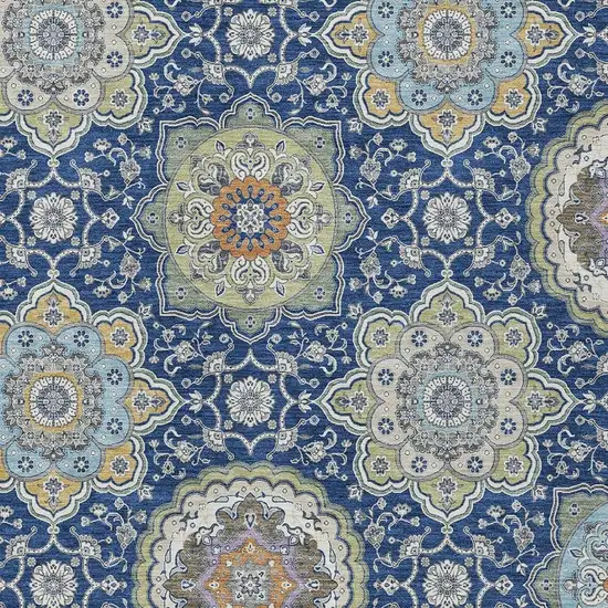 Navy Blue And Taupe Floral Medallion Washable Indoor Outdoor Area Rug Photo 5