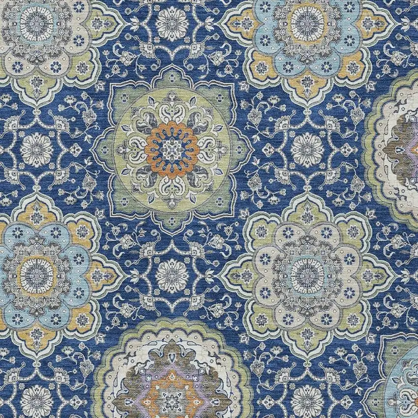 Navy Blue And Taupe Floral Medallion Washable Indoor Outdoor Area Rug Photo 5