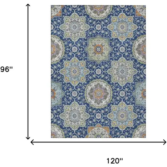 Navy Blue And Taupe Floral Medallion Washable Indoor Outdoor Area Rug Photo 9