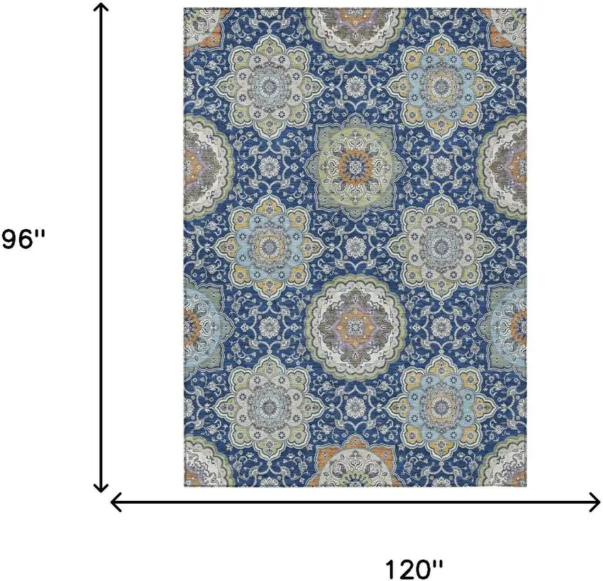 Navy Blue And Taupe Floral Medallion Washable Indoor Outdoor Area Rug Photo 9
