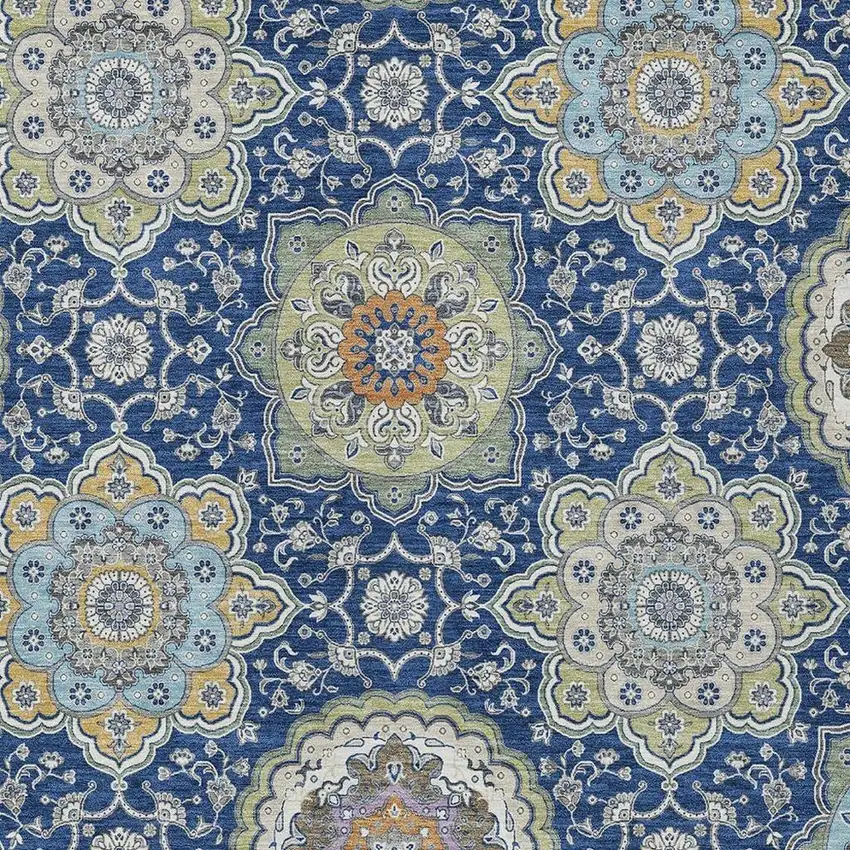 Navy Blue And Taupe Floral Medallion Washable Indoor Outdoor Area Rug Photo 4