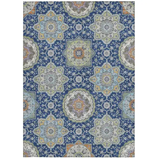 Navy Blue And Taupe Floral Medallion Washable Indoor Outdoor Area Rug Photo 3