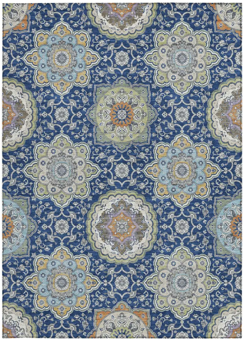 Navy Blue And Taupe Floral Medallion Washable Indoor Outdoor Area Rug Photo 3