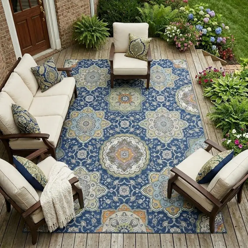 Navy Blue And Taupe Floral Medallion Washable Indoor Outdoor Area Rug Photo 1
