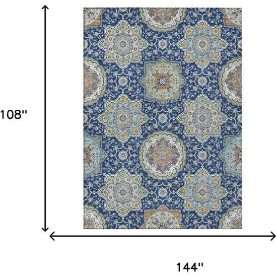 Navy Blue And Taupe Floral Medallion Washable Indoor Outdoor Area Rug Photo 8