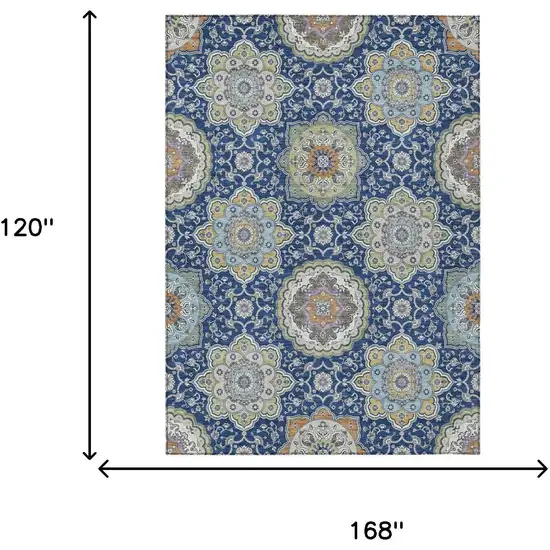 Navy Blue And Taupe Floral Medallion Washable Indoor Outdoor Area Rug Photo 9