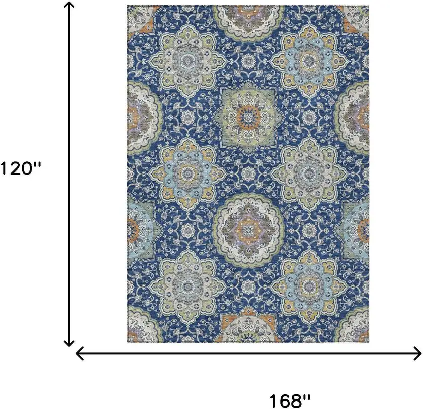 Navy Blue And Taupe Floral Medallion Washable Indoor Outdoor Area Rug Photo 9