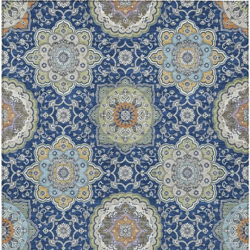 Navy Blue And Taupe Floral Medallion Washable Indoor Outdoor Area Rug Photo 6