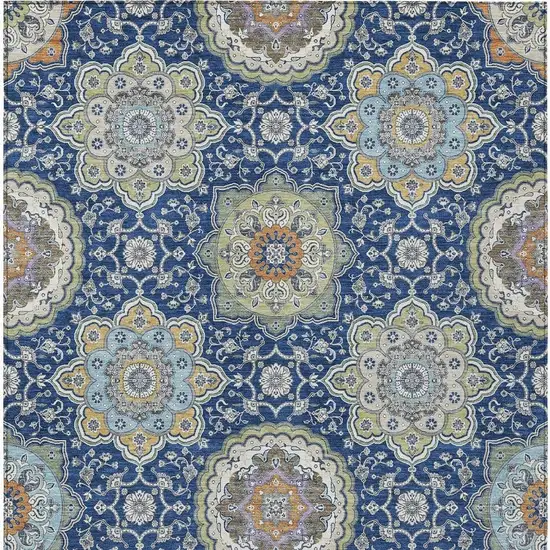 Navy Blue And Taupe Floral Medallion Washable Indoor Outdoor Area Rug Photo 6
