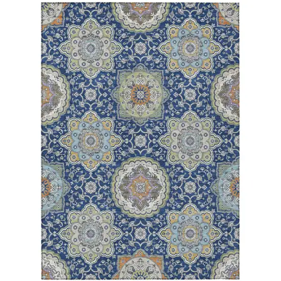 Navy Blue And Taupe Floral Medallion Washable Indoor Outdoor Area Rug Photo 2