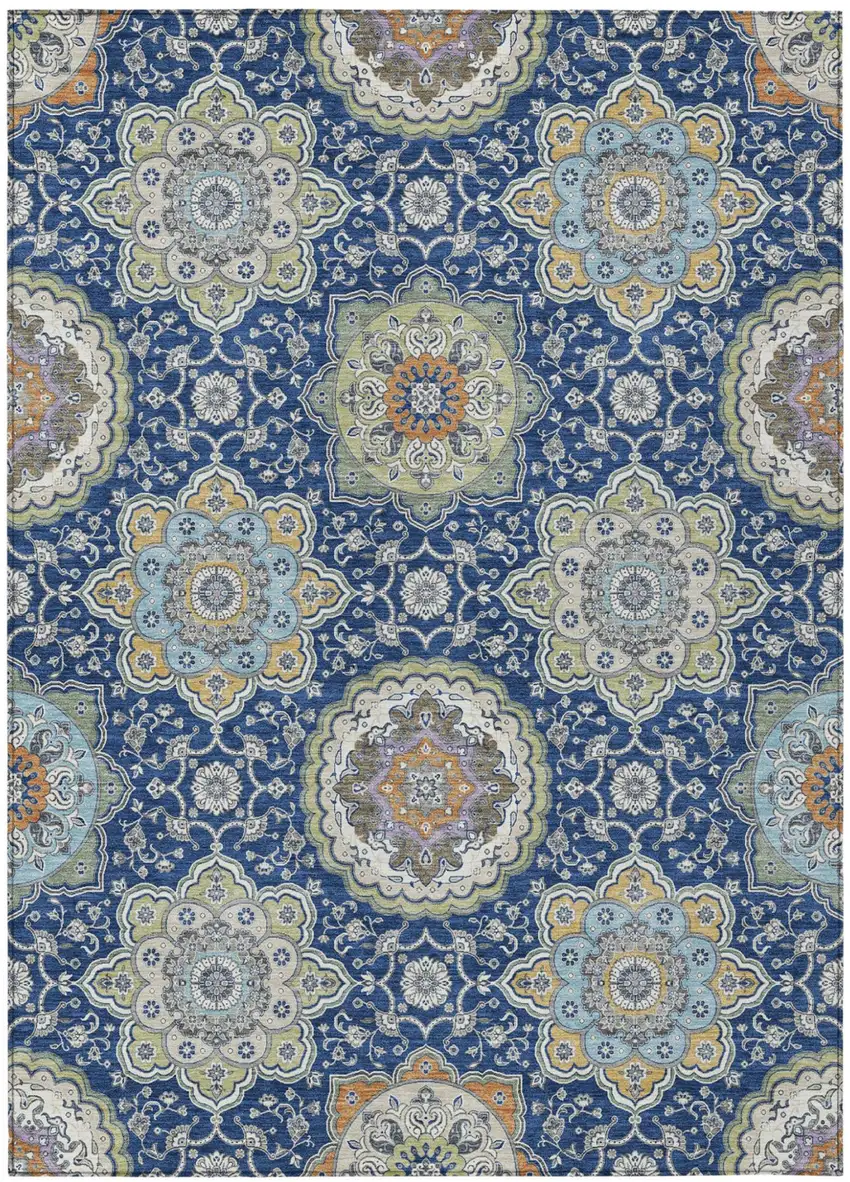 Navy Blue And Taupe Floral Medallion Washable Indoor Outdoor Area Rug Photo 2