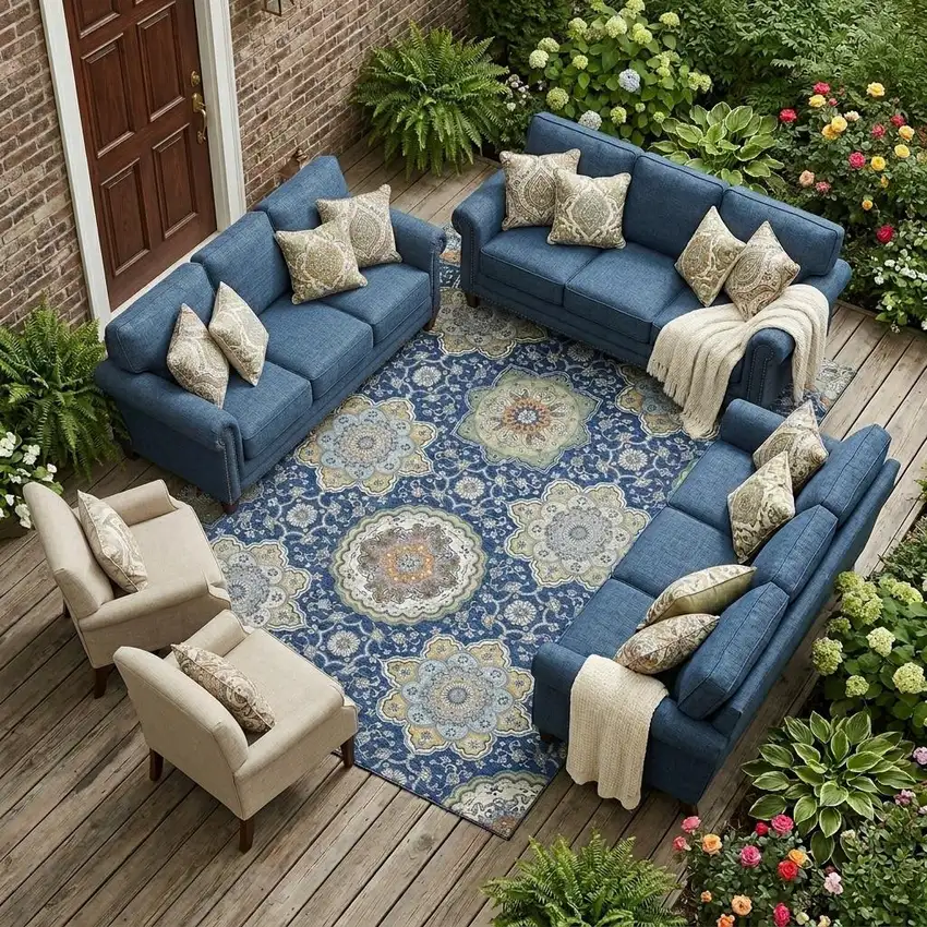 Navy Blue And Taupe Floral Medallion Washable Indoor Outdoor Area Rug Photo 1