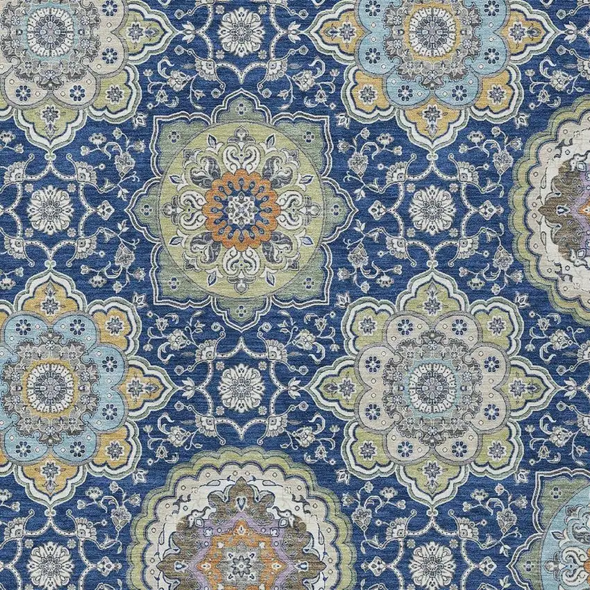 Navy Blue And Taupe Floral Medallion Washable Indoor Outdoor Area Rug Photo 3