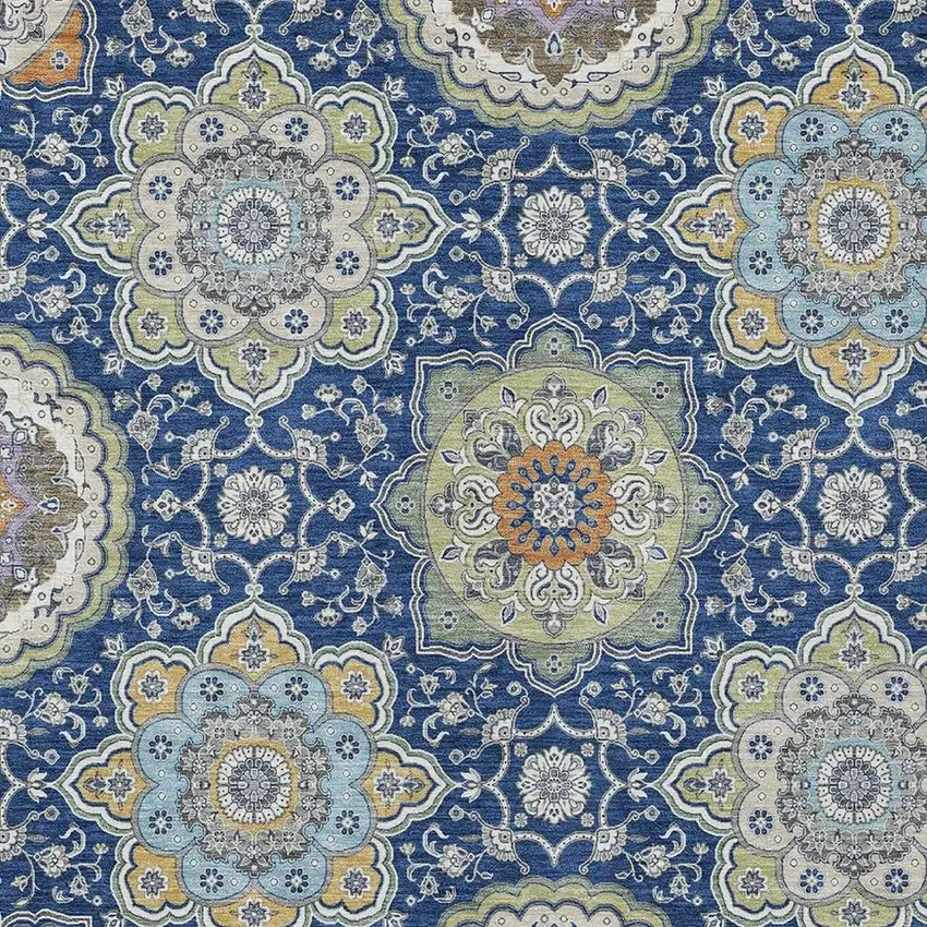Navy Blue And Taupe Floral Medallion Washable Indoor Outdoor Area Rug Photo 5