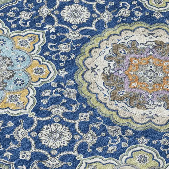 Navy Blue And Taupe Floral Medallion Washable Indoor Outdoor Area Rug Photo 8