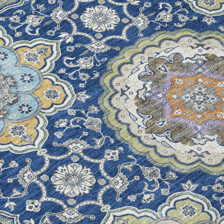 Navy Blue And Taupe Floral Medallion Washable Indoor Outdoor Area Rug Photo 8