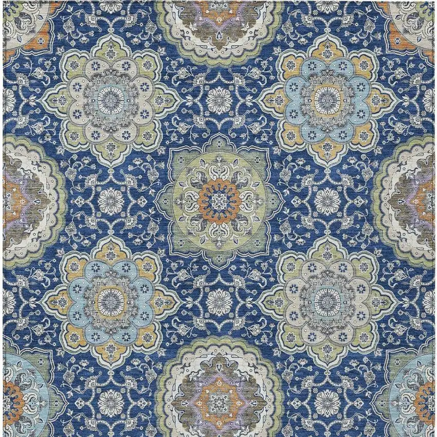Navy Blue And Taupe Floral Medallion Washable Indoor Outdoor Area Rug Photo 4