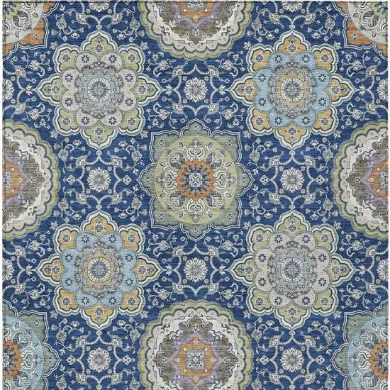 Navy Blue And Taupe Floral Medallion Washable Indoor Outdoor Area Rug Photo 4