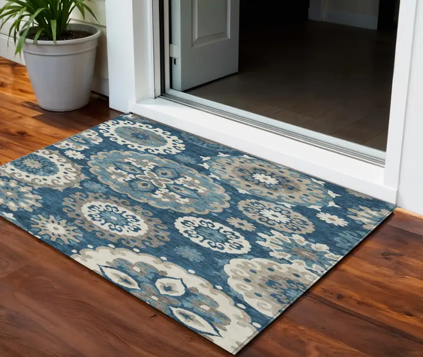 Navy Blue And Taupe Floral Medallion Washable Indoor Outdoor Area Rug Photo 1