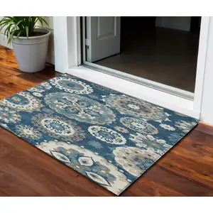 Photo of Navy Blue And Taupe Floral Medallion Washable Indoor Outdoor Area Rug