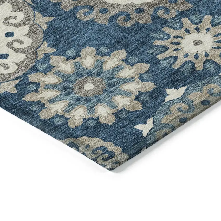 Navy Blue And Taupe Floral Medallion Washable Indoor Outdoor Area Rug Photo 5
