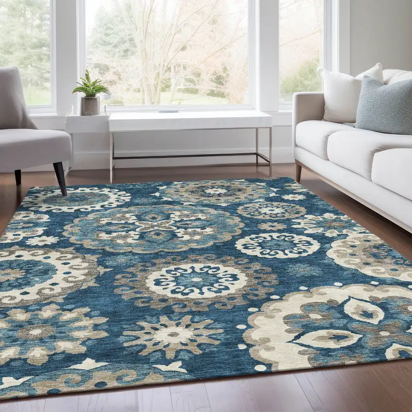 Navy Blue And Taupe Floral Medallion Washable Indoor Outdoor Area Rug Photo 9
